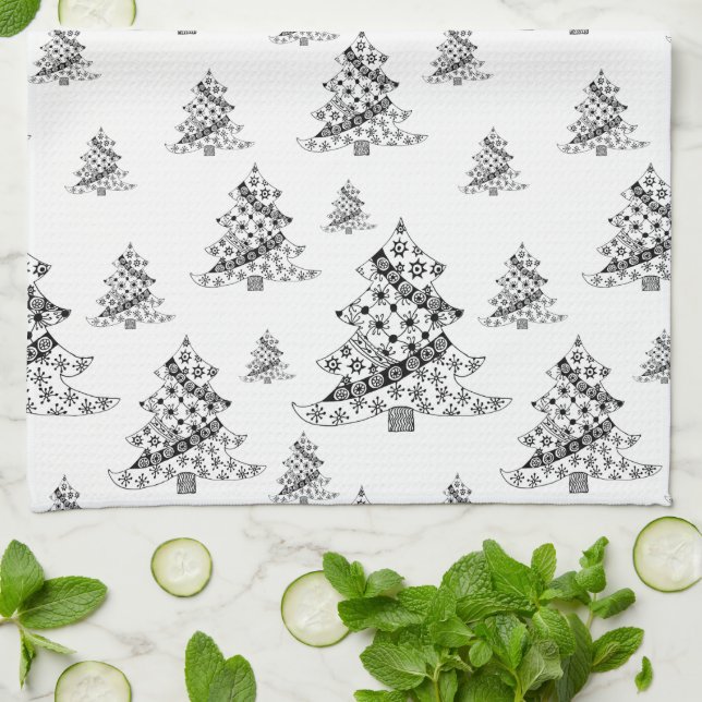 Black and White Christmas Tree pattern Kitchen Towel (Folded)