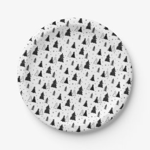 Black and White Christmas Tree Pattern Paper Plates