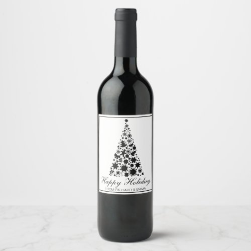 Black and White Christmas Tree Wine Label