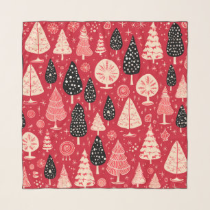 Black and White Christmas Trees on Pink Background Scarf