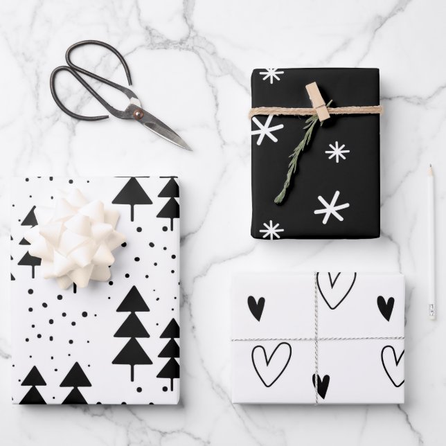 Black and White Christmas Trees Snowflakes Hearts Wrapping Paper Sheets (Front)