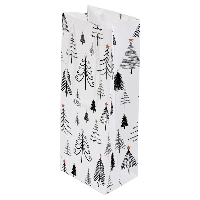 Black and White Christmas Trees Wine Gift Bag (Front Angled)