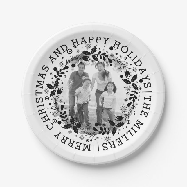 Black and white Christmas wreath and photo Paper Plates (Front)