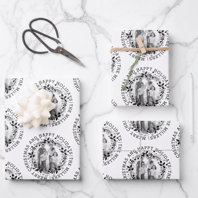 Black and white Christmas wreath and photo Wrapping Paper Sheets (Front)