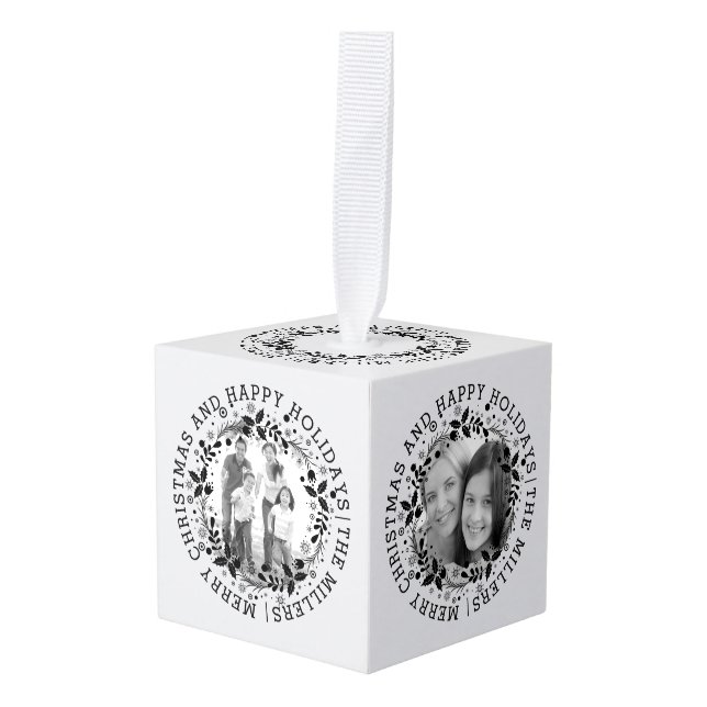 Black and white Christmas wreath and photos Cube Ornament (Front Angled)