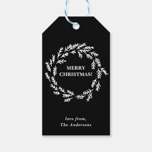 Black and White Christmas Wreath Personalized Gift Tags