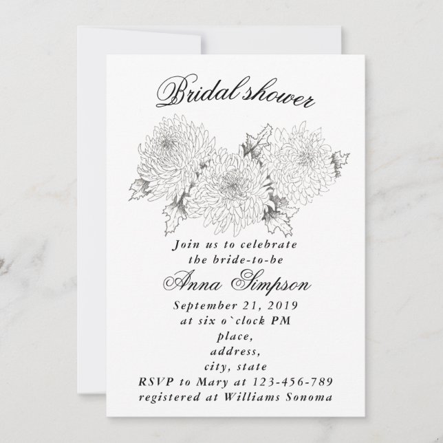 Black and white chrysanthemum bridal shower invita invitation (Front)
