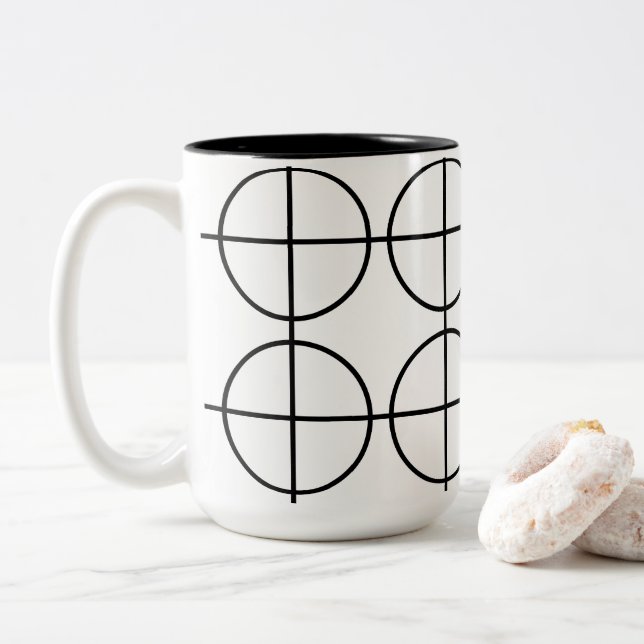 Black and White Circles Stripes Geometric Two-Tone Coffee Mug (With Donut)