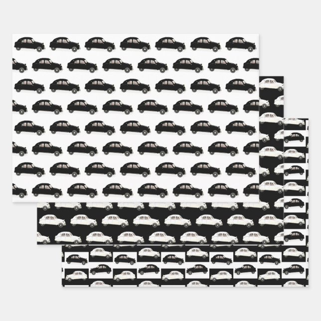 Black And White Citroen 2 CV Pattern Wrapping Paper Sheets (Set)