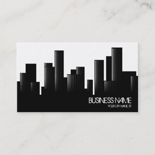 Customizable black and white cityscape business card template