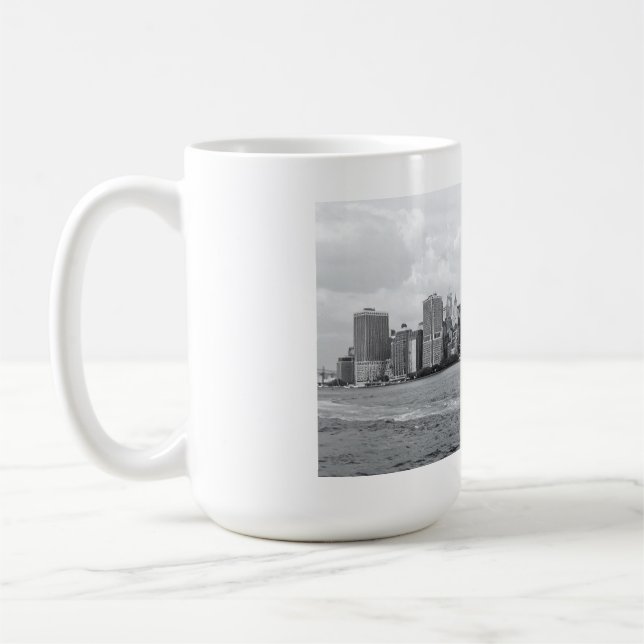 Black and white cityscape coffee mug (Left)