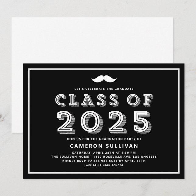 Black and White Class of 2025 Mustache Graduation Invitation (Front/Back)