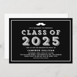 Black and White Class of 2025 Mustache Graduation Invitation