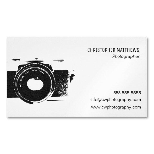 Black and white classic camera photographer business card magnet (Front)