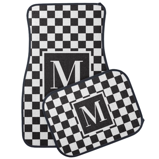 Black And White Classic Checkerboard Monogram Car Floor Mat (Set)