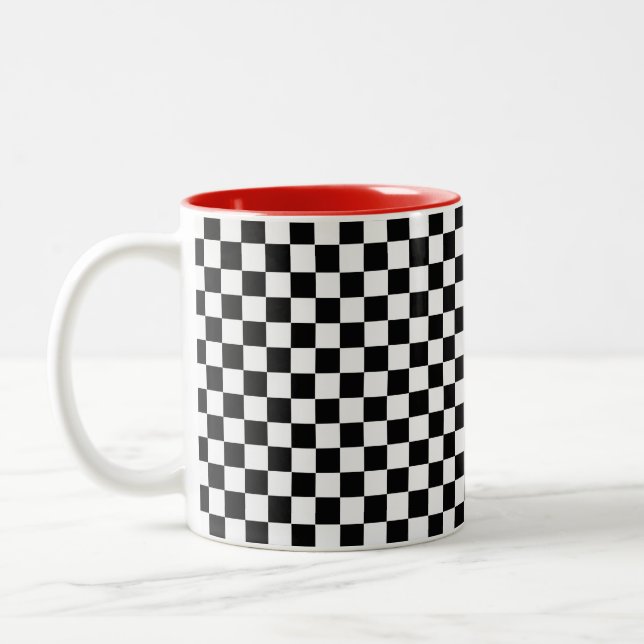 Black And White Classic Checkerboard Two-Tone Coffee Mug (Left)