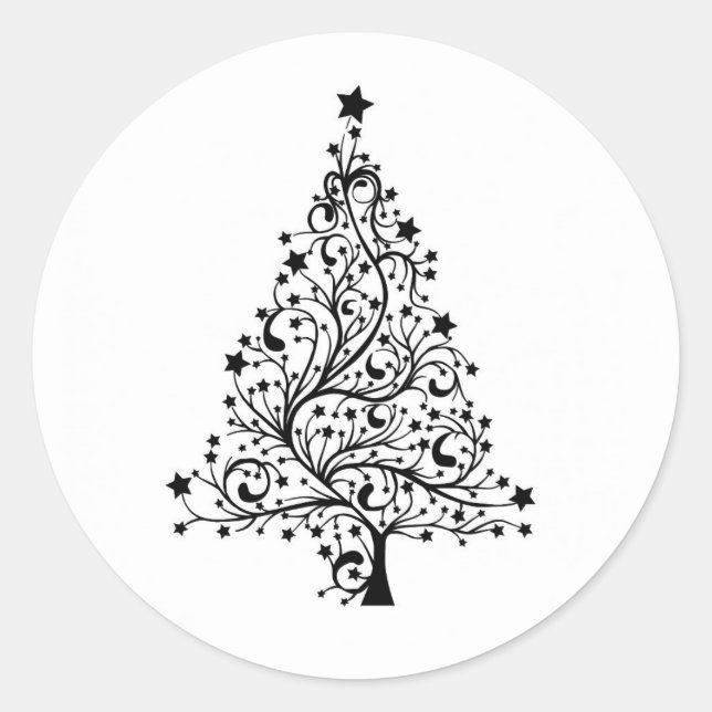 Black and White Classic Christmas Tree Round Sticker (Front)