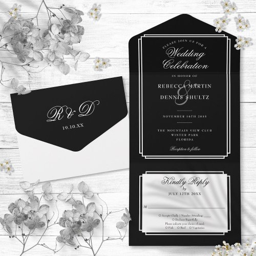 Black And White Classic Deco Monogram Wedding All In One Invitation