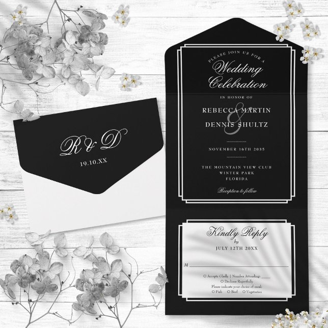 Black And White Classic Deco Monogram Wedding All In One Invitation (Black And White Classic Deco Monogram Wedding All In One Invitation)