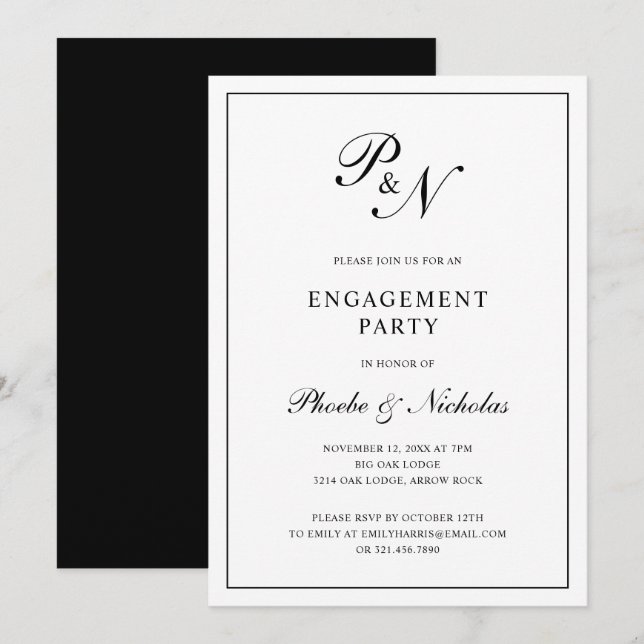 Black and White Classic Elegant Engagement Party Invitation (Front/Back)