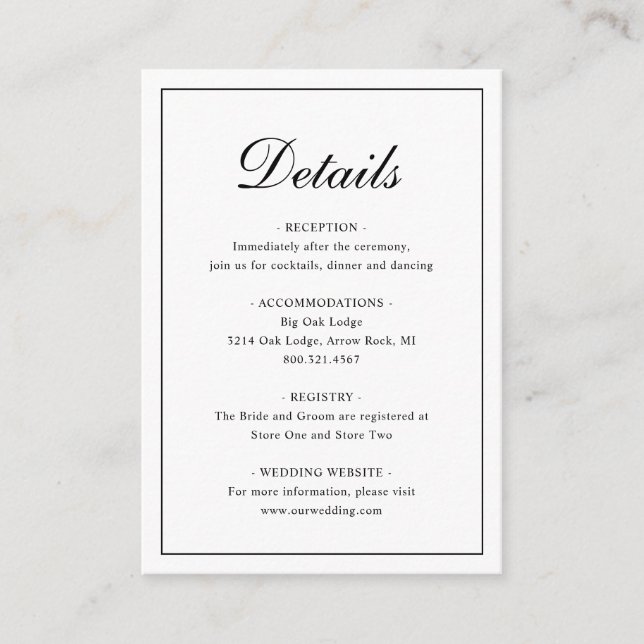 Black and White Classic Elegant Wedding Enclosure Card (Front)