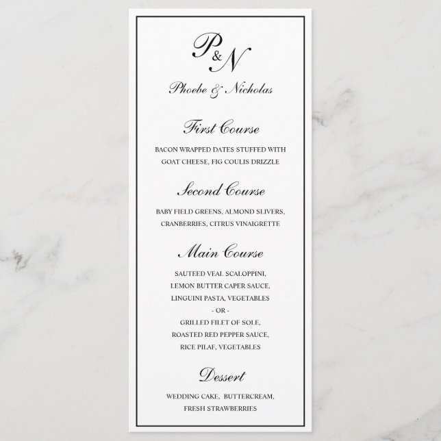 Black and White Classic Elegant Wedding Menu (Front)