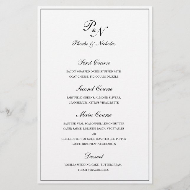 Black and White Classic Elegant Wedding Menu (Front)
