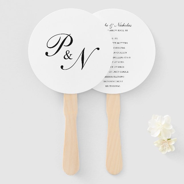Black and White Classic Elegant Wedding Program Hand Fan (Front and Back)