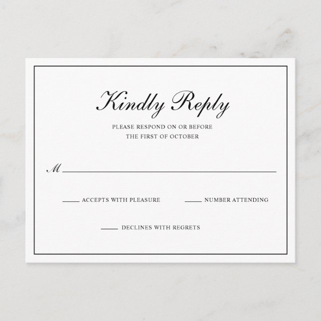 Black and White Classic Elegant Wedding RSVP Invitation Postcard (Front)
