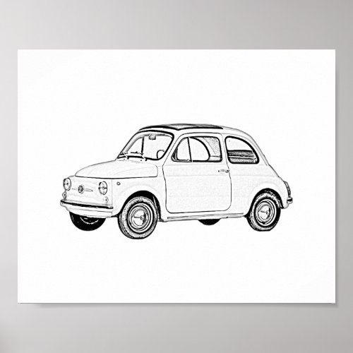 Black and White Classic Fiat 500 Pencil Drawing Poster