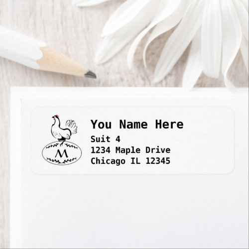 Black and White Classic Hen on a Monogram Egg Label