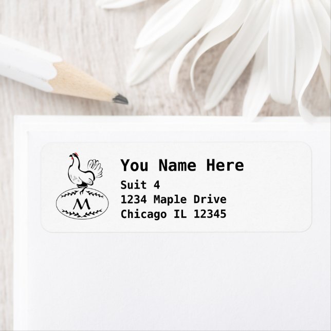 Black and White Classic Hen on a Monogram Egg Label (Insitu)
