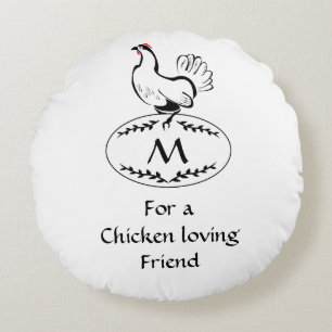 Black and White Classic Hen on a Monogram Egg Round Pillow