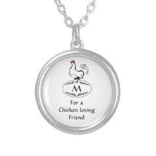 Black and White Classic Hen on a Monogram Egg Silver Plated Necklace