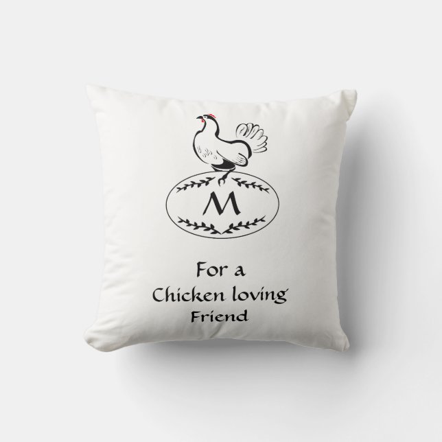 Black and White Classic Hen on a Monogram Egg Throw Pillow (Front)