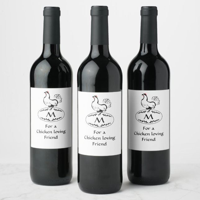 Black and White Classic Hen on a Monogram Egg Wine Label (Bottles)