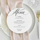 Black and White | Classic Italian Elegance Wedding Menu<br><div class="desc">This elegant, black and white wedding round menu card features classic, old-world style with romantic calligraphy. Add your dinner choices for starters or appetizers, first course, main course or entrée, and desserts. Set the tone for your luxe, sophisticated Italy inspired wedding reception or rehearsal dinner, or bridal shower food offerings,...</div>