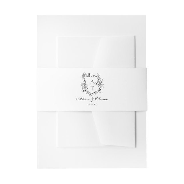 Black and White Classic Monogram Crest Wedding Invitation Belly Band (Front Example)