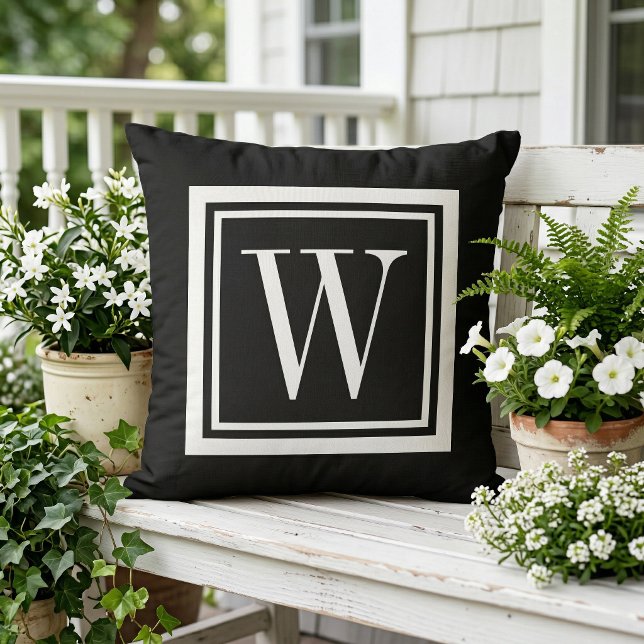 Black and White Classic Square Monogram Outdoor Pillow (Creator Uploaded)
