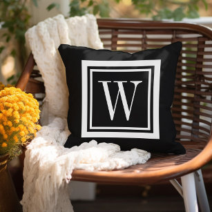 Black and White Classic Square Monogram Outdoor Pillow