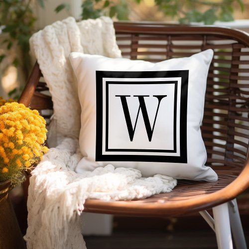 Black and White Classic Square Monogram Outdoor Pillow