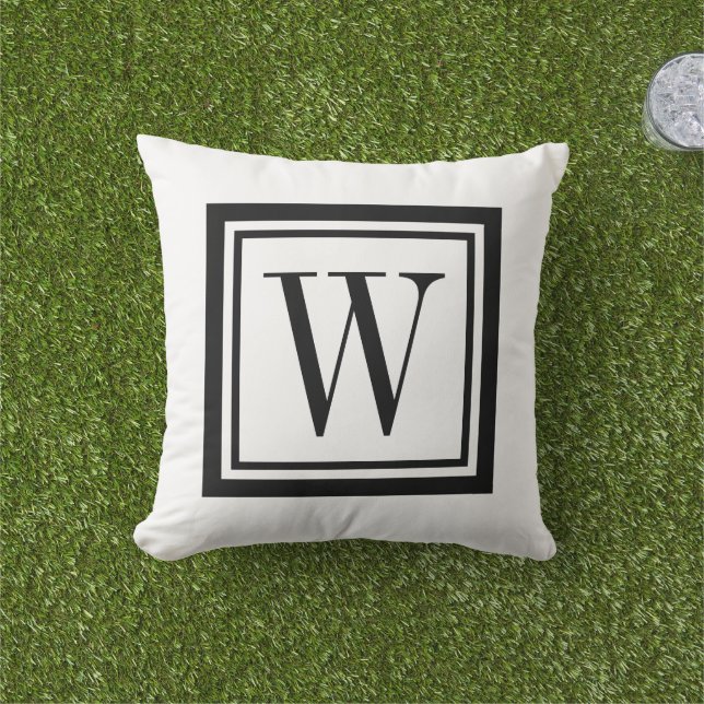 Black and White Classic Square Monogram Outdoor Pillow (Grass)
