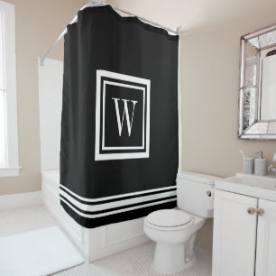 Black and White Classic Square Monogram Shower Curtain