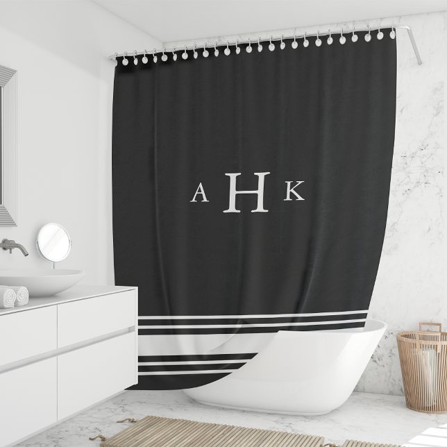 Black and White Classic Stripe Border Monogram Shower Curtain (Creator Uploaded)
