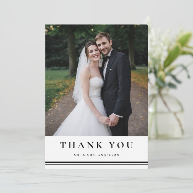 Black and White Classic Typography Photo Wedding Thank You Card (Standing Front)