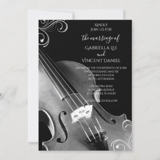 Black and White Classical Violin Wedding Invitation