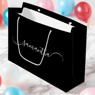 Black and White Classy Curved Swash Signature Name Large Gift Bag