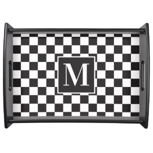 Black and White Classy Elegant Checkered Monogram Serving Tray