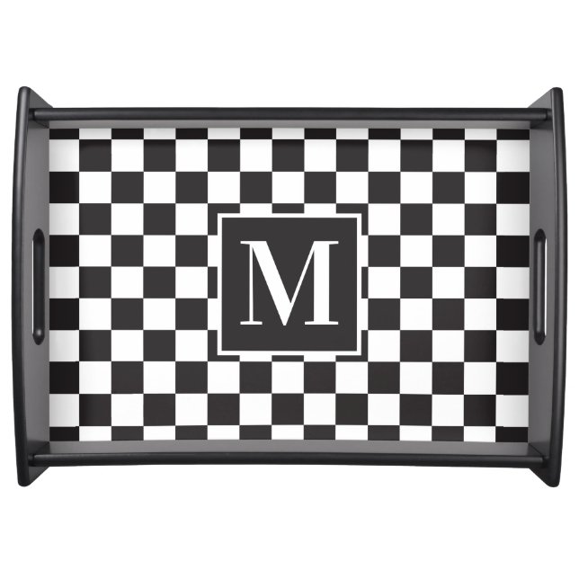 Black and White Classy Elegant Checkered Monogram Serving Tray (Front)