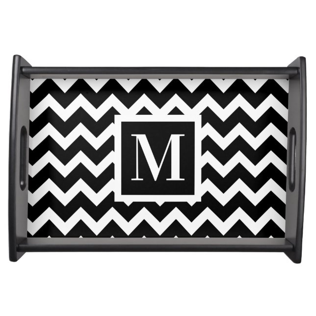 Black and White Classy Elegant Zigzag Monogram Serving Tray (Front)